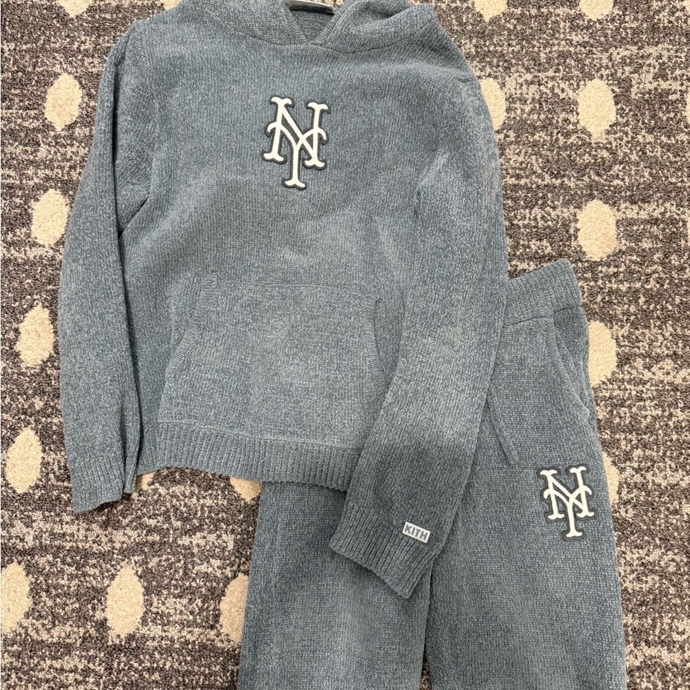 Kith Blue kids suede knit sweater hoodie set with NY METS logo